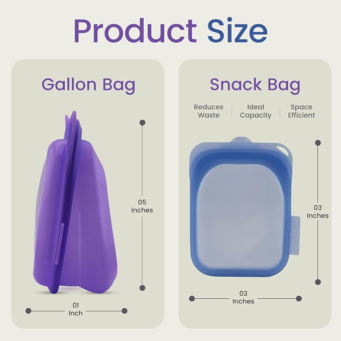Session Goods 100% Reusable Silicone Food Storage Bags, Pack of 2 (Purple + Blue), Hygienic Ziplock Silicone Bags for Food Storage for Leftovers, Leak Resistant Freezer Bags, BPA Free, Sandwich Bags