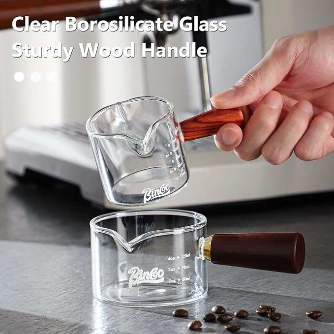 Espresso Shot Glasses with Wood Handle, 120ml Glass Coffee Bean Dosing Cup with Spout,Clear Espresso Measuring Cup Glass for Barista Coffee Measure (Single Spout)