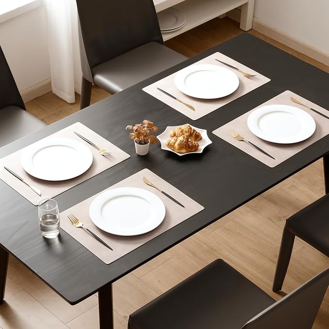 MOSAYT Vinyl Placemats Set of 8-12 X 17 Inch - Faux Leather 100% Waterproof Oil-Proof Wipeable PU Place Mats, Heat Resistant Reversible Table Mats for Kitchen, Dining, Outdoor, Beige