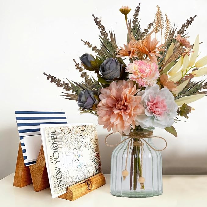 LESING Dahlia Flower Aritificial Flower with Vase Fake Silk Flowers in Glass Vase Faux Rose Flowers Arrangement for Home Office Table Centerpiece Decoration (Pink)