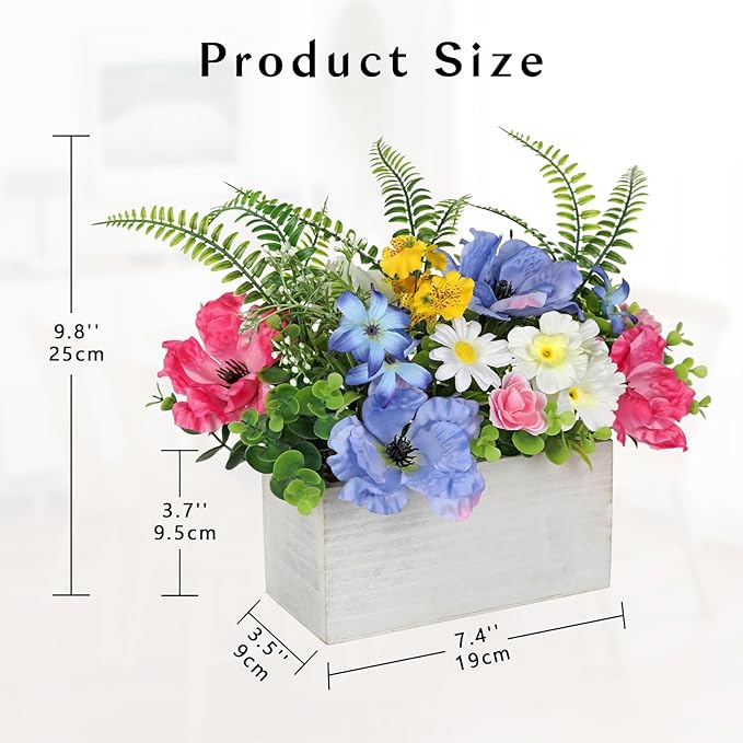 Briful Table Floral Arrangement Centerpiece, Artificial Flowers in Wooden Vase, Silk Flowers for Home Decor Indoor, Spring Summer Flower Farmhouse Table Decor for Dining Table, Coffee Table, Shelf