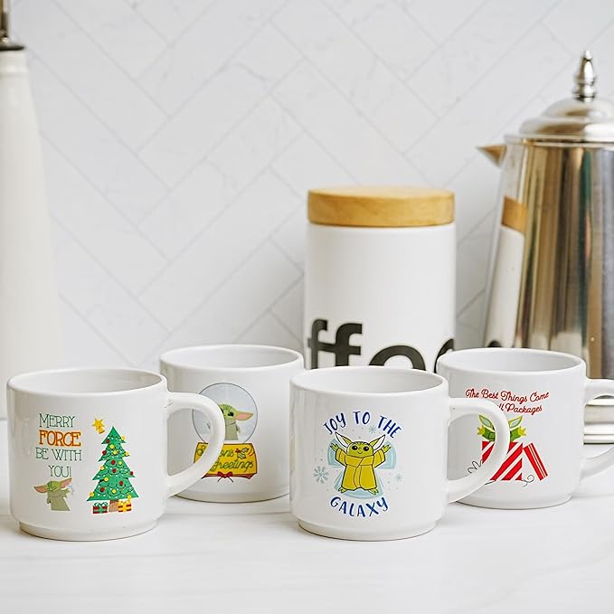 Star Wars Grogu Holiday Cuteness 4-Piece 10oz Stackable Ceramic Mug Set