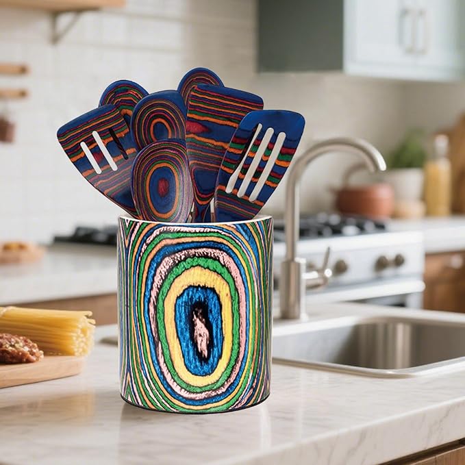 Ceramic Utensil Holder, Wooden Ringed Bohemian Kitchen Countertop Organizer for Spoons & Utensils, Farmhouse Decor for Indoor Kitchen (Round)