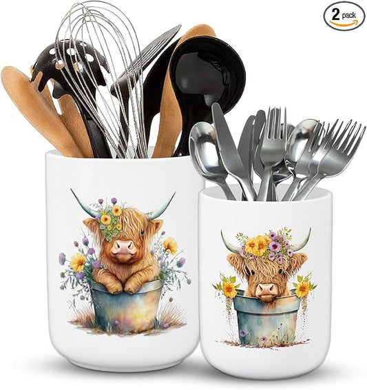 FYSUIMU Highland Cow Ceramic Utensil Holder Watercolor Cow Floral Utensil Crock for Farmhouse Home Kitchen Countertop Storage Organizer, Set of 2