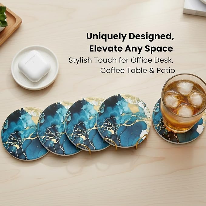Colorful Ceramic Marble Coasters Set of 6, Cute Moisture Absorbing Coaster, Coffee Table Decor, Stone Absorbent Drink Coasters