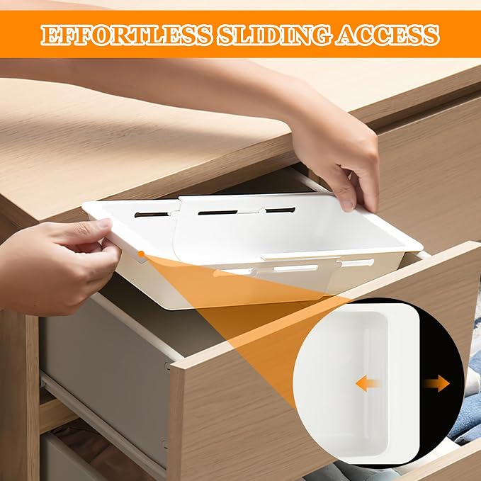 2 Pack Hanging Expandable Drawer Organizer with 2 Pack Non-Hanging Sliding Adjustable Storage Trays for Kitchen, Bathroom, Office, White