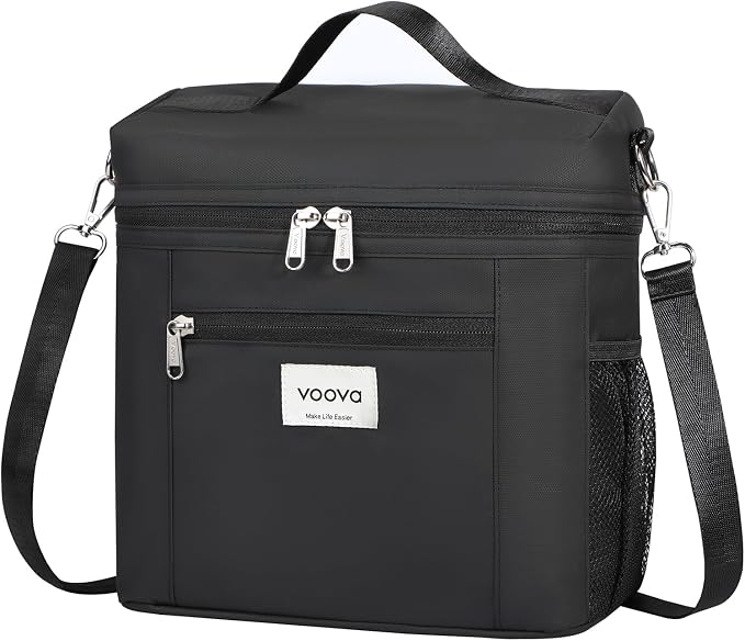 Voova Lunch Bag for Men and Women, Insulated Lunch Box with Shoulder Strap, Adult Reusable Lightweight Nylon Waterproof Lunchbox Lunch bags for Work, Black