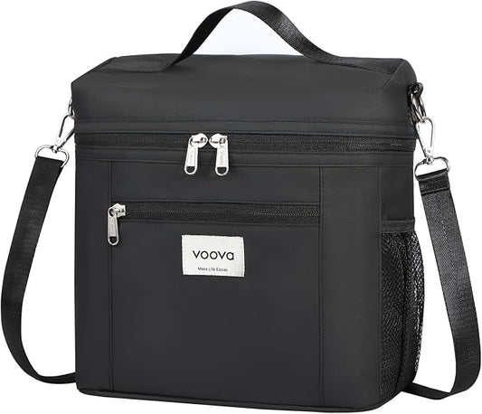 Voova Lunch Bag for Men and Women, Insulated Lunch Box with Shoulder Strap, Adult Reusable Lightweight Nylon Waterproof Lunchbox Lunch bags for Work, Black