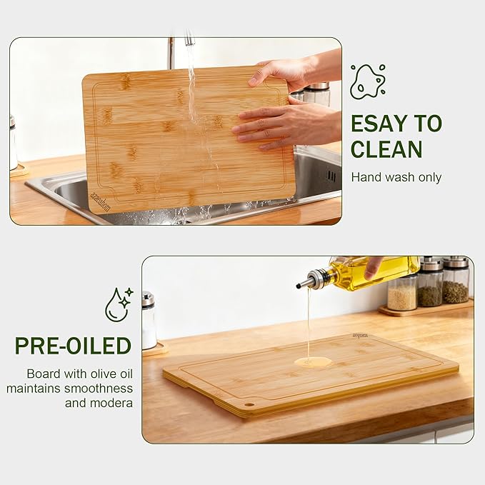 Bamboo Cutting Boards for Kitchen, 4-Piece Wood Cutting Board Set with Juice Grooves & Built-in Handles, Easy Storage & Clean Chopping Board for Meat, Vegetables, Fruit