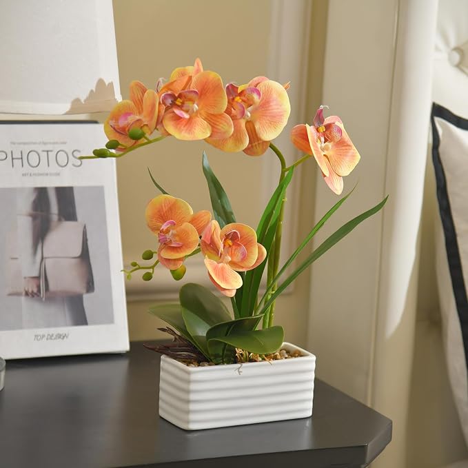 Artificial Real Touch Orchid Flowers in Pot Fake Phalaenopsis Flower with White Ceramic Vase Faux Orchids Arrangement for Home Table Office Wedding Party Decoration (Orange)