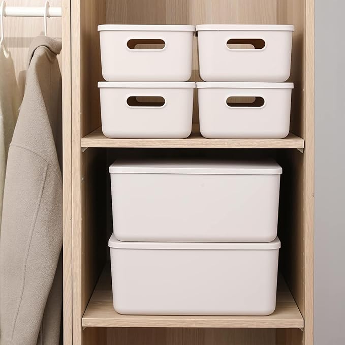 Ytteve 6-Pack Light Grey Stackable Plastic Storage Bins with Lids & Handles, 4 Large (11.8"x8"x9.8") & 2 Medium (11.8"x8"x4.7"), Organizer Containers for Closet, Shelves, Drawers, Home & Office