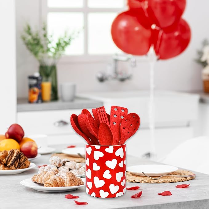 JarThenaAMCS Valentine's Day Ceramic Utensil Holder Red White Heart Utensil Crock for Wedding Home Kitchen Countertop Storage Organizer Container