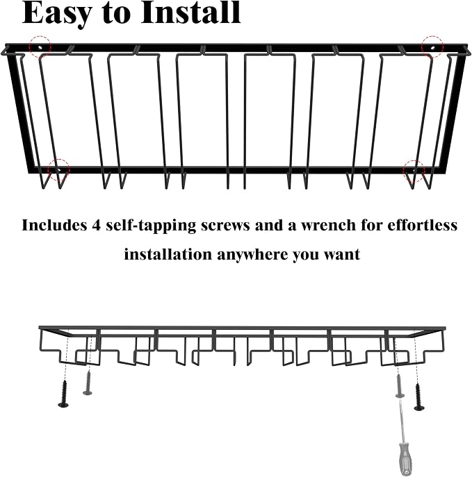 7-Row Stemware Rack - Under Cabinet Wine Glass Holder - Black Metal Hanging Shelf for Kitchen and Bar - Holds Up to 22 Glasses