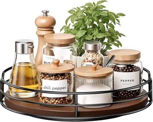 Optish 10" Lazy Susan Turntable for Table Top, Wooden Lazy Susan Organizer for Cabinet, Kitchen, Countertop, Pantry, Spice Organizer, Bathroom, Vanity, Table Decor, Non-Slip Bottom
