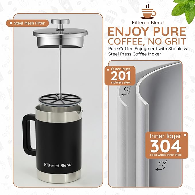 1.6L French Press Coffee Maker, 54oz Large Capacity French Press Stainless Steel Brewer with Double Filter Mesh for Kitchen Travel Camping, Hot & Cold Brew Coffee Maker Gifts (Black)