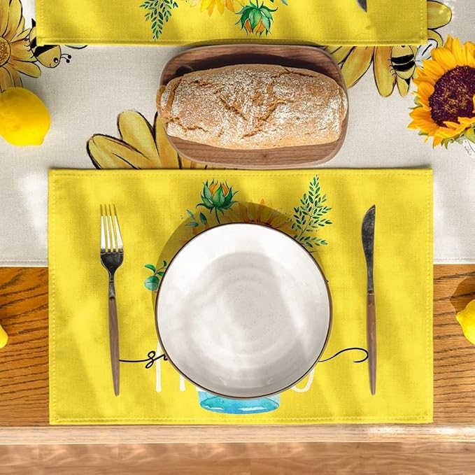 Bloss Yellow Hello Sunshine Sunflower Summer Placemats Set of 4, 12 x 18 Inch Spring Seasonal Holiday Decoration Rustic Vintage Washable Table Mats, Placemats for Dining Table