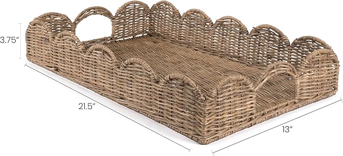 happimess TRY1000A Scalloped 21.5" Southwestern Cottage Hand-Woven Rattan Tray with Handles for Storage,Decoration, Display, Coffee Table or Serving Food, Natural