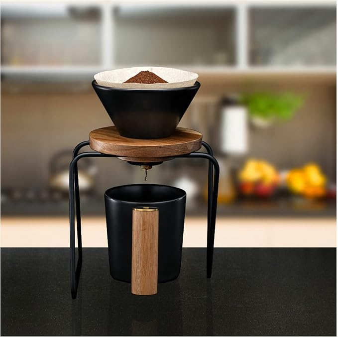 ChefWave Artisan Series Pour-Over Coffee Maker Set with Ceramic Cone, Wood Ring and Stainless Steel Stand, 1-2 Cup Personal Size - Bamboo Accents, Easy to Clean, BPA Free