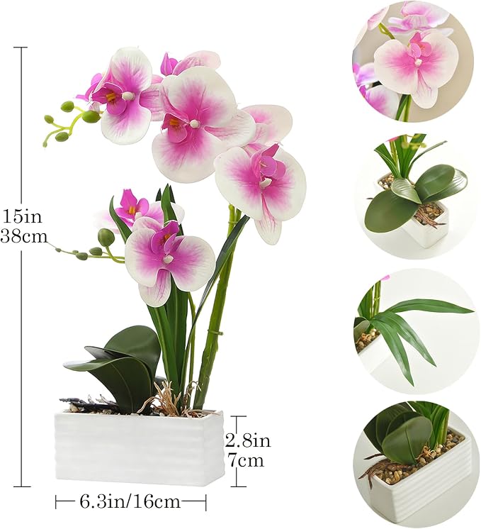 Artificial Real Touch Orchid Flowers in Pot Fake Phalaenopsis Flower with White Ceramic Vase Faux Orchids Arrangement for Home Table Office Wedding Party Decoration (Light Purple)