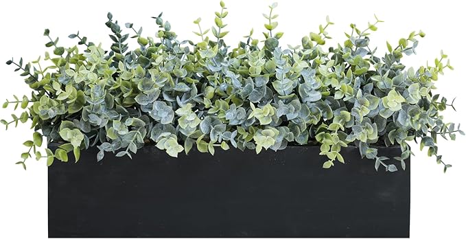 Winlyn 14" Artificial Eucalyptus Arrangement Faux Eucalyptus Plants in Black Rectangular Wooden Planter Box Artificial Potted Plant for Farmhouse Home Wedding Table Centerpiece Shelf Greenery Décor