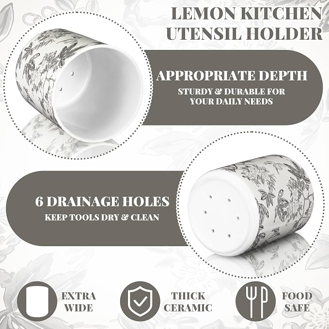 Suclain Vintage Floral Ceramic Utensil Holder 6.3 Inch Rustic Kitchen Crock Country Chinoiserie Gray Floral Countertop Storage Organizer for Spatulas and Spoons Elegant Home Cooking Unique Gift Idea