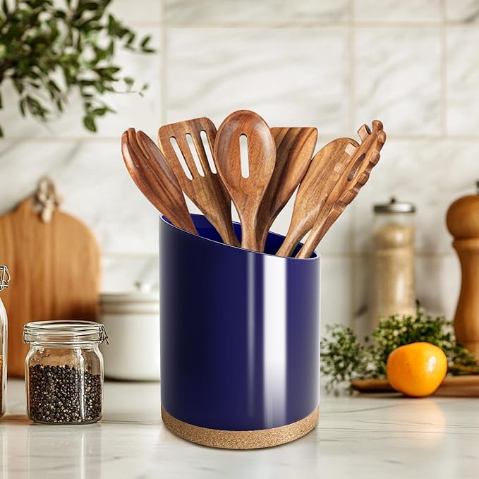 KITEISCAT Large Ceramic Utensil Holder for Kitchen Counter, Modern Crock with Slanted Top & Cork Mat, for Spatulas & Cooking Spoons, Blue