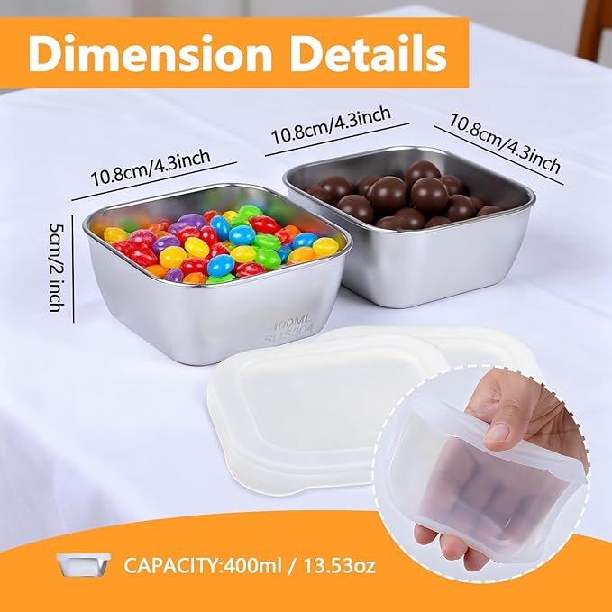 5 Pack 13.53 oz (400 ml) 304 Stainless Steel Snack Container – Leak-Proof, Grill & Oven Safe, Freezer & Dishwasher Safe, BPA-Free Silicone Lid, for Snacks, BBQ, Lunch, Camping, Baking