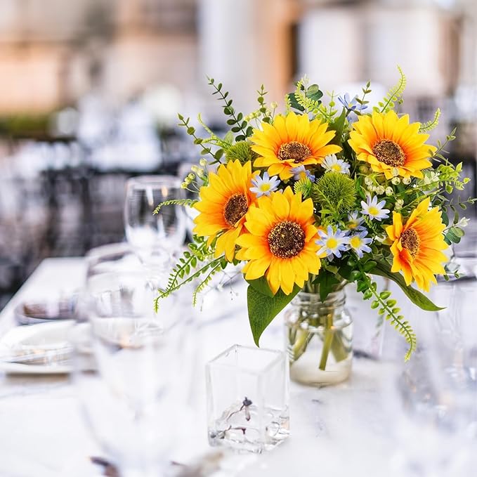 HUAESIN 15" Sunflowers Artificial Spring Flowers Bouquets Grave Flowers for Cemetery Faux Silk Flower Arrangements for Vase Home Kitchen Table Centerpieces Wedding Party Summer Decor