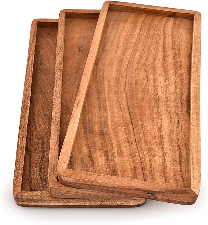 Platter Acacia Wood Serving Platter with Raised Edge -Set of 3 for Home Decor, Food, Vegetables, Fruit, Charcuterie (Set of 3) (14" X 6" X 0.75")