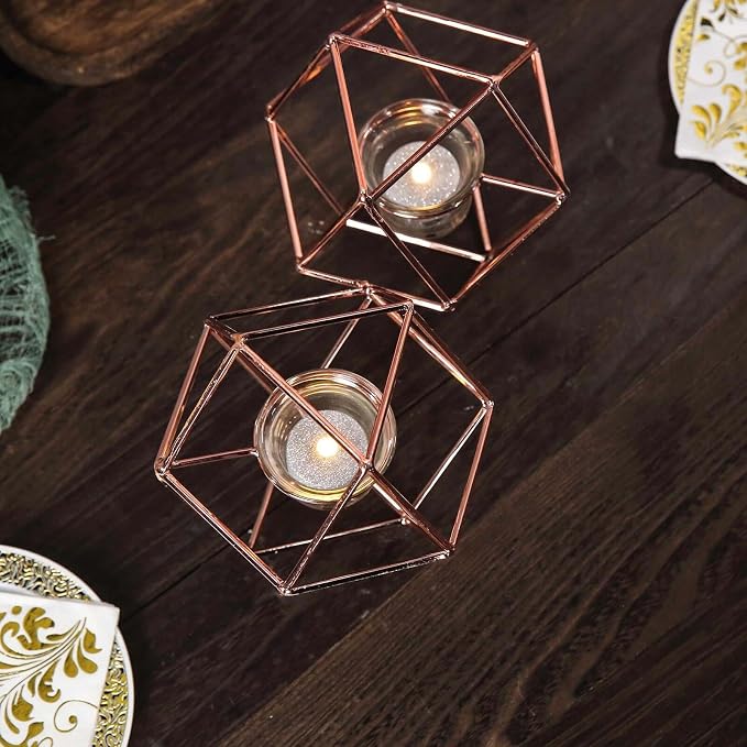 Efavormart 11.5" Rose Gold Geometric Candle Holder Set 2 Metal Geometric Centerpieces Joint Together
