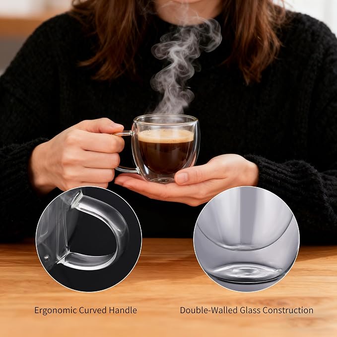 Gulex Espresso Cups Double Wall Glass Coffee Espresso Cups with Handle 4 oz