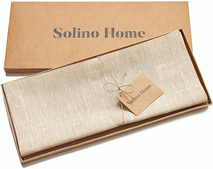 Solino Home Linen Short Table Runner 36 Inches - Athena, 100% Pure Linen Champagne Beige Table Runner 14 x 36 Inch Ideal for Dresser and Coffee Tables - Spring, Summer