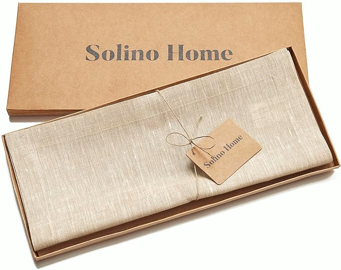 Solino Home Linen Table Runner 90 Inches Long - Athena, 100% Pure Linen Champagne Beige 14 x 90 Inch Table Runner for Dining, Spring, Summer