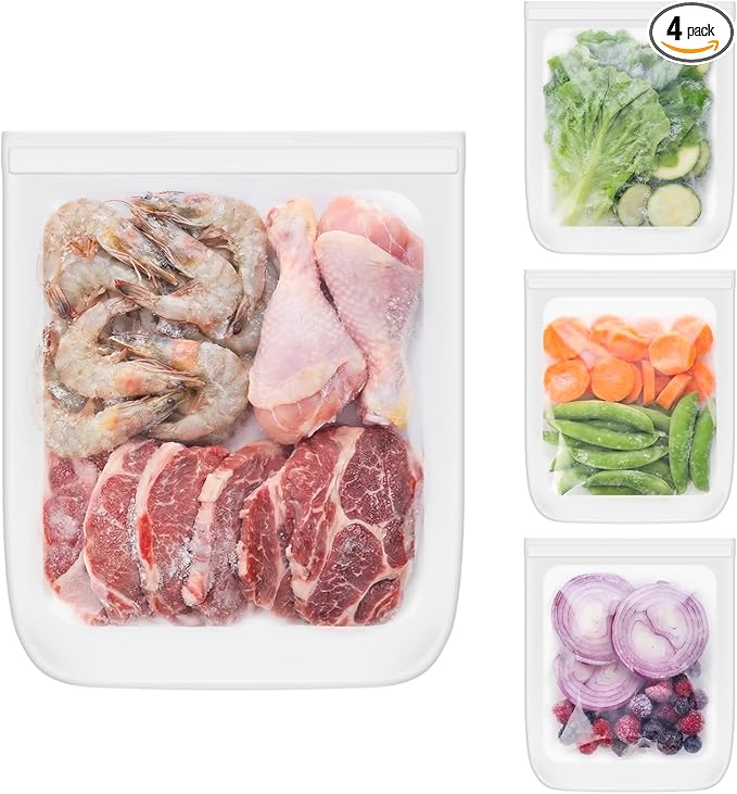 Extra Large Reusable Silicone Freezer Bags 4 Pack, 0.8 Gallon/3000ml, 100% Silicone Food Storage Wide-Open Zip-Lock Reusable Bags for Large Items, Microwave Freezer Oven Dishwasher Safe, Translucent