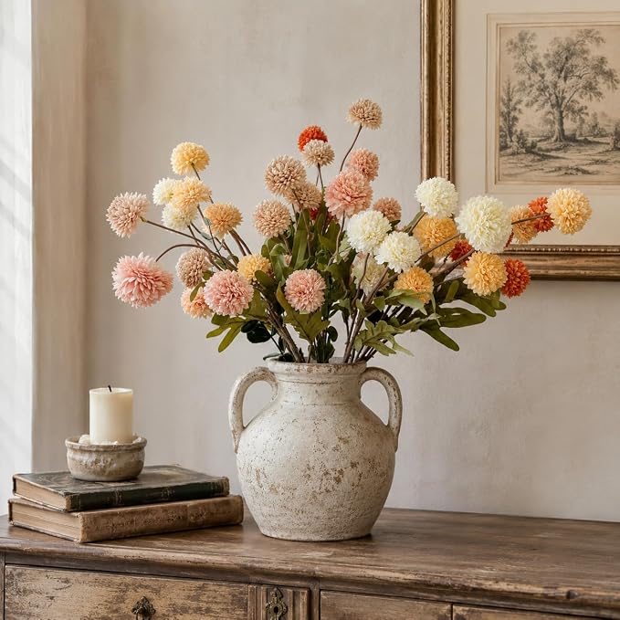 10pcs Faux White & Pink Kiku Flowers, 5 Heads Each Stem & 4 Branches Eucalyptus Stems, Artificial Small Mini Chrysanthemum Flowers for Aesthetic Room Decor, Floral Arrangements Centerpiece
