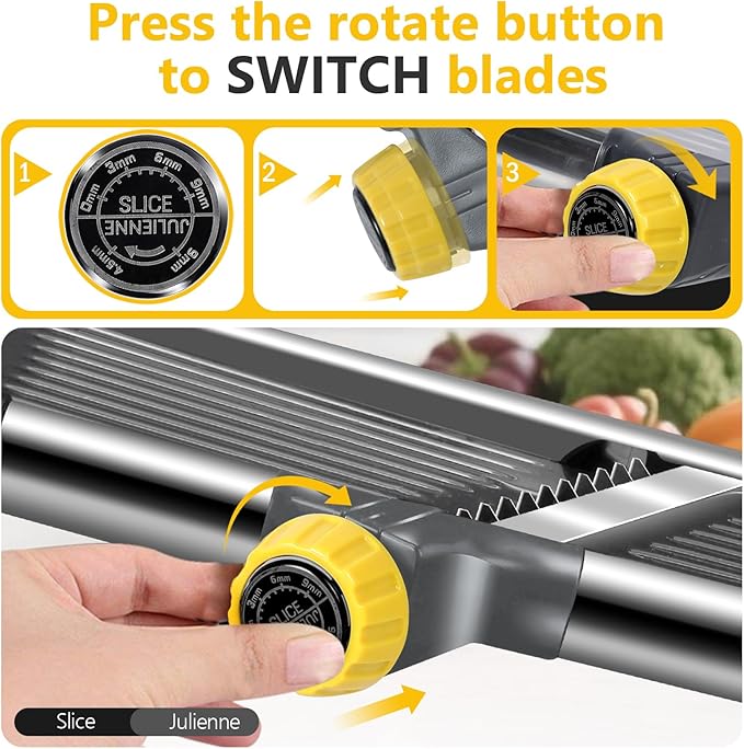 Masthome Adjustable Mandoline Food Slicer, Mandoline Slicer for Kitchen, Stainless Steel Mandolin, Fruit and Vegetable Cutter with Cut-Resistant Gloves and Cleaning Brush-Yellow