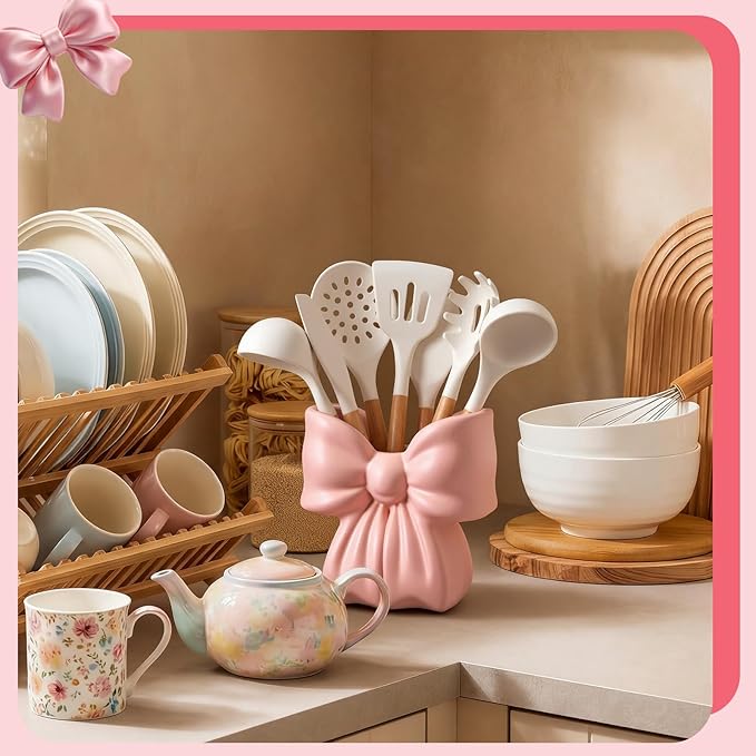 Hushee Pink Bow Ceramic Utensil Holder Cute 3D Coquette Utensil Crock 5.9" Modern Kitchen Counter Organizer Decorative Flower Vase for Home Decor Housewarming Gift