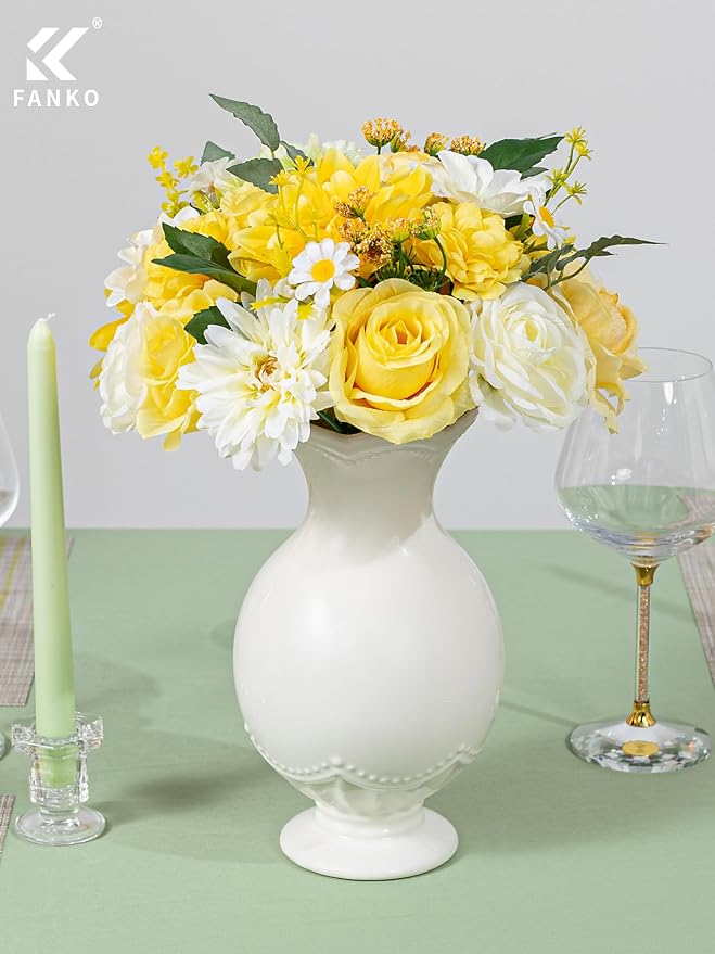 FANKO Artificial Flowers for DIY, Yellow Faux Flowers Bouquet, Fake Rose Dahlia Daisy Cosmos Silk Flowers for Vase, Home Decor, Garlands, Garden Wedding, Party, Birthdays