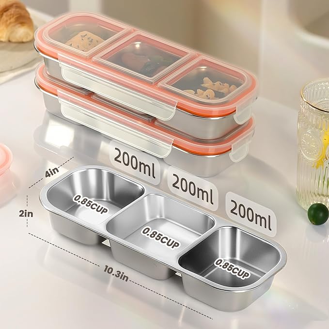 4 Pack Stainless Steel Snack Containers with Leak-Proof Lids, 3 Compartments Reusable Stainless Steel Lunch Box for Balanced Meals, Snackle Box Container,Meal Prep,Work,Camping
