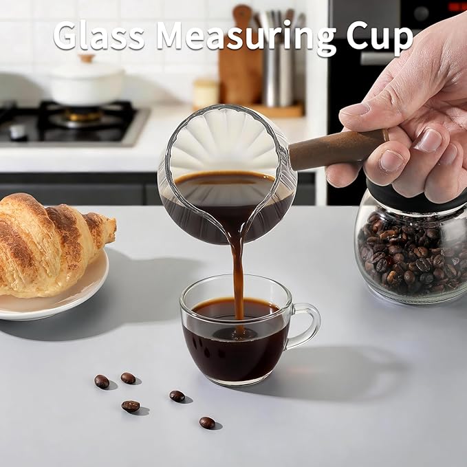 Mongdio 6OZ Espresso Shot Cup, Espresso Measuring Cup with Wooden Handle, Glass Measuring Cup with Dual Scale Markings, Coffee Essentials for Coffee, Milk