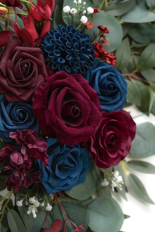 Olalaka Navy and Burgundy Flower for Wedding Welcome Signs Decorations, Artificial Burgundy Wedding Arch Flowers for Wedding Ceremony (Set of 2)