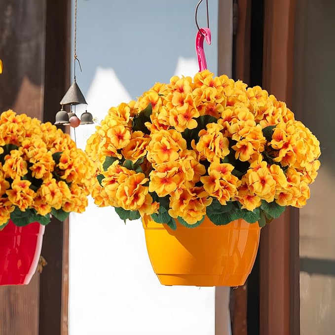Hananona 12 Pcs Artificial Geranium Flowers for Outdoors Geranium Silk Flowers Outdoor UV Resistant Garden Plants Faux Flowers for Home Kitchen Table Centerpieces Decor (12, Yellow)