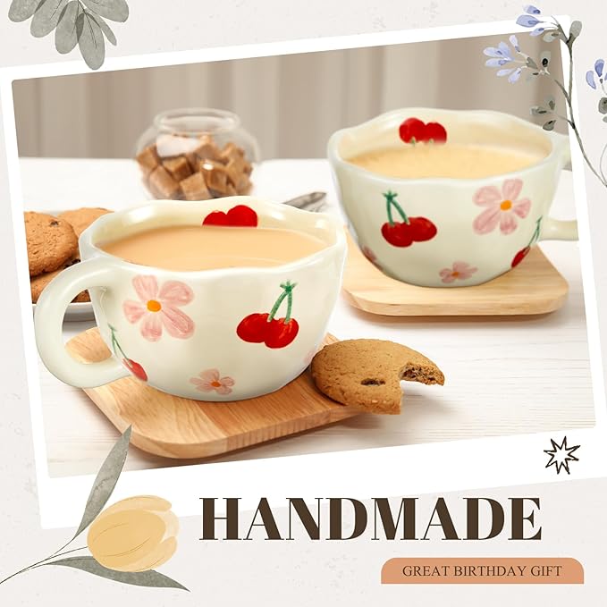 Vesici 2 Pcs Ceramic Coffee Mugs with Spoon, Vintage Floral Spring Mugs with Handle, 8.5 oz Aesthetic Flower Porcelain Tea Cup Set, Dishwasher & Microwave Safe Mothers Day Gifts for Mom(Cherry)