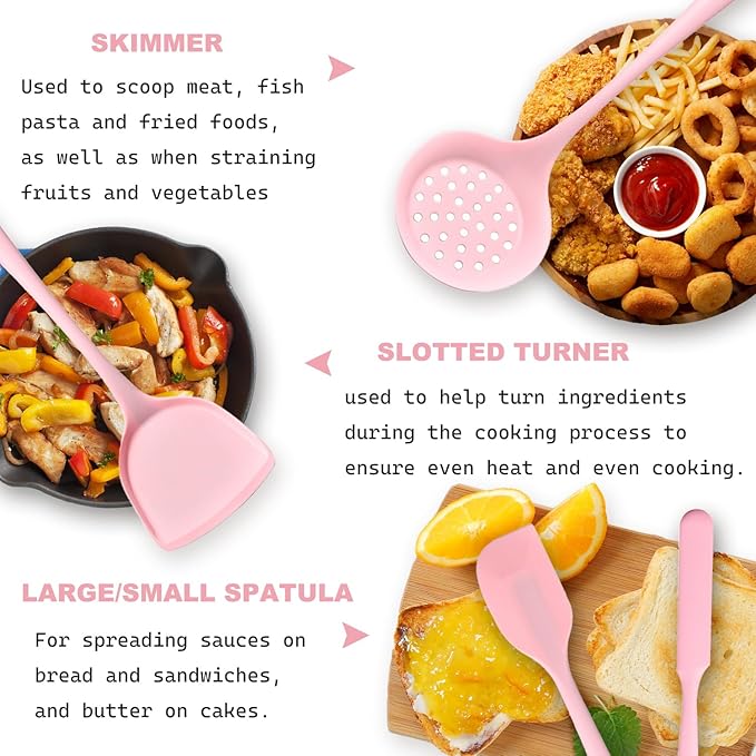 Silicone Kitchen Utensils Set - 15 Pieces Non Toxic Silicone Utensils Set For Cooking，428°F Heat Resistant Food Grade Kitchen Tools，Dishwasher Safe (Pink, 15 Piece Set)