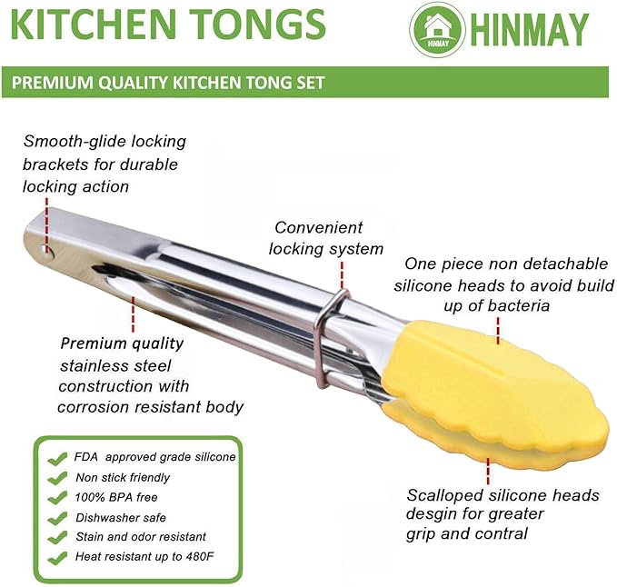 HINMAY Mini Tongs with Silicone Tips 7-Inch Small Serving Tongs, Set of 3 (Yellow)