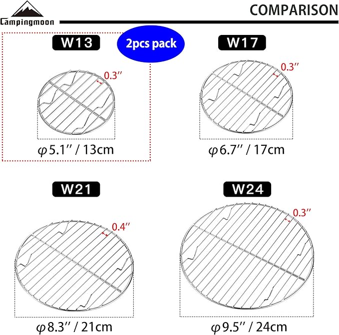 CAMPINGMOON 2pcs Round round cooling rack 304 Stainless Steel Cooking Grid Grill (φ4.9 inches, W13-2P)
