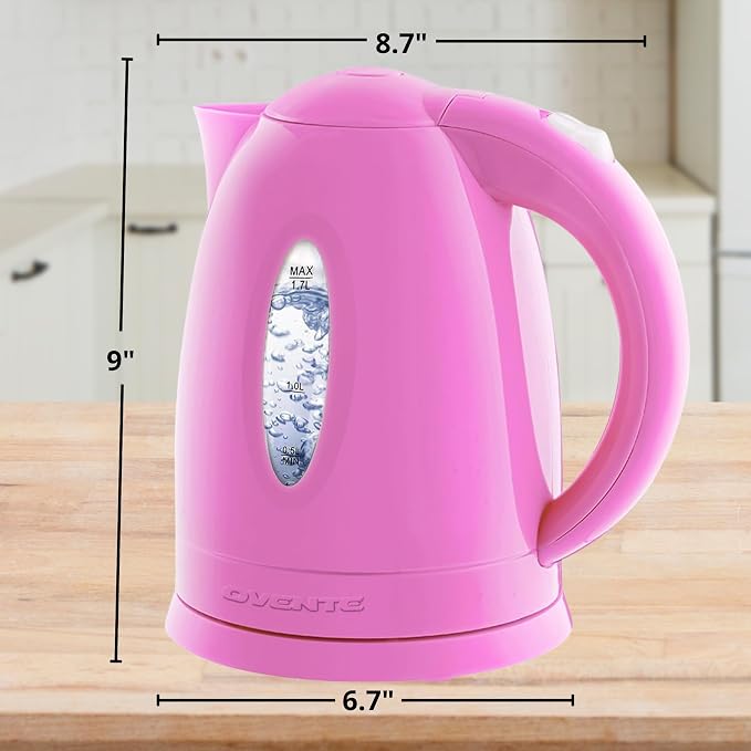 OVENTE Electric Kettle,1.7L Fast Boiling Water Heater for Coffee or Tea,BPA Free with Water Level Gauge,Auto Shut-Off,Boil-Dry Protection,Indicator Light and Removable Filter,Pink KP72P,(Pack of 12)
