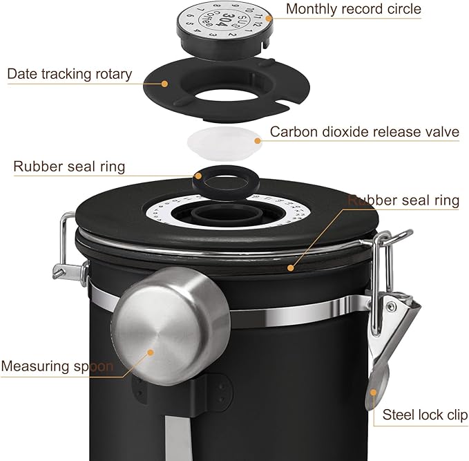 1.5L Airtight Vacuum Coffee Canister, Stainless Steel Storage Container for Coffee Beans and Grounds with Scoop.Suitable for coffee powder, coffee beans, rice, tea leaves, sugar, flour, and grains