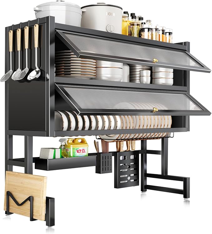 4-Tier Dish Drying Rack with Cover – Above Sink Kitchen Storage Rack, Large Space-Saving Shelf for Dishes, Glasses, Bowls & Cutlery, Black (W-38'')