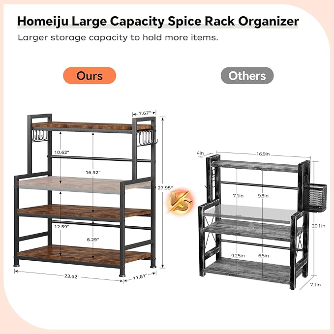 23.6"W Large Kitchen Countertop Organizer,3 Tier Spice Rack Organizer with Adjustable Shelf and 10 Hooks,Wooden Counter Organizer,Space Saving Countertop Shelf Microwave Stand for Kitchen,Coffee Bar